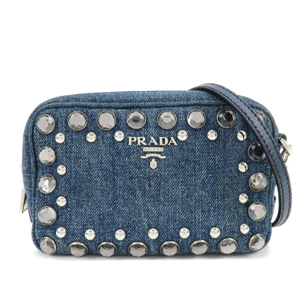 Prada Rhinestone Embellished Denim Crossbody Bag Blue